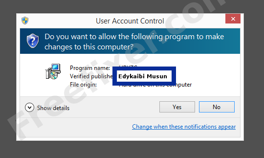 Screenshot where Edykaibi Musun appears as the verified publisher in the UAC dialog